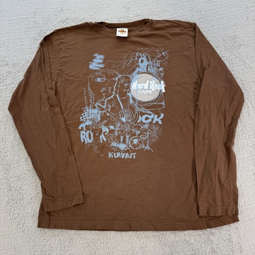 Vintage Hard Rock Cafe T Shirt Herren Large Kuwait Langarm Braun Rock Musik