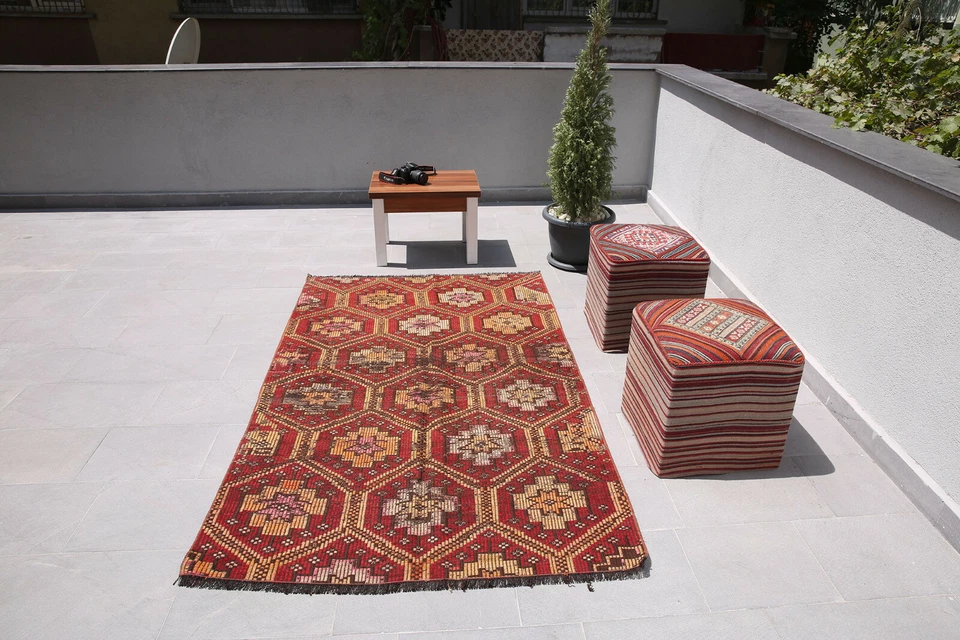 4x7 Vintage Traditional Hand Knotted Wool Oriental Kilim Geometric Area Rug - Image 3 of 4