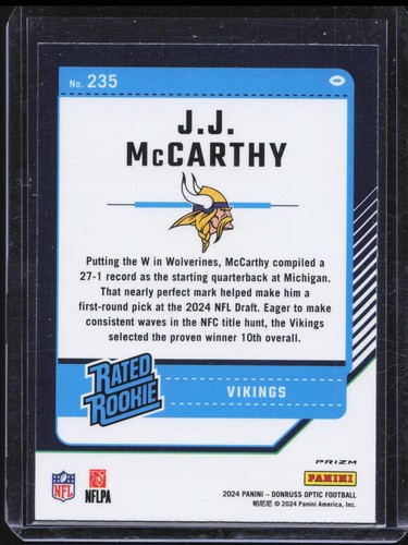 2024 Panini Donruss Optic JJ McCarthy #235 Rookie Pink Prizm Vikings - Picture 2 of 2