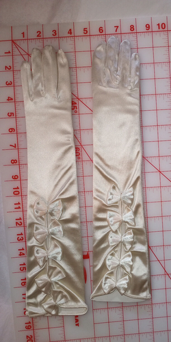 Pretty White Stretch Satin Long Gloves w Bows Wedding Prom Opera or Garden Work - Picture 2 of 4