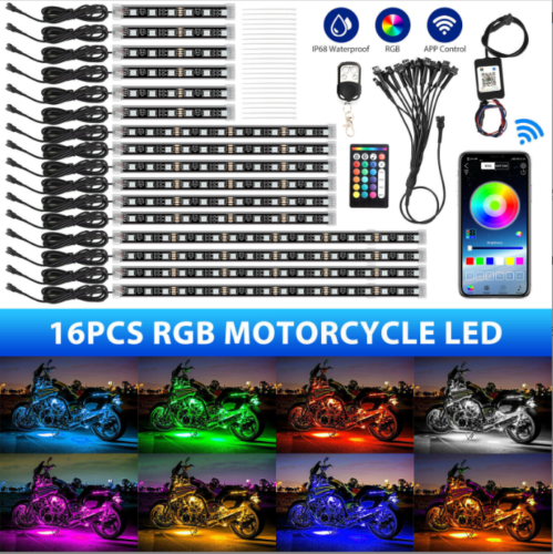 16PC RGB Bluetooth Motorcycle LED Light Under Glow Neon Strip Remote Control Kit - Foto 2 di 15