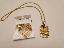 Iced Stainless steel American Flag Eagle Dog Tag Gold Pendant With 20" Chain