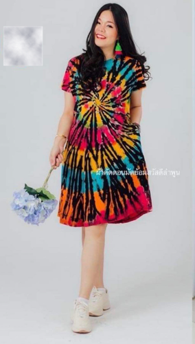 Women Short Dress Thai Handmade Tie dyed Multi Color Round Neck Short Sleeves - Picture 30 of 50