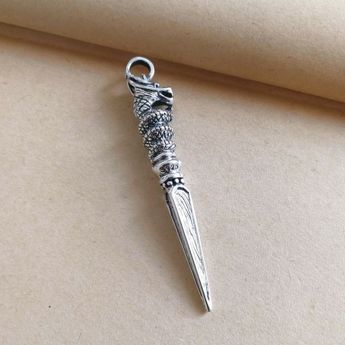 925 Sterling Silver Dragon Handle Textured Tri Edge Dagger Sword Pendant Unique - Picture 2 of 9