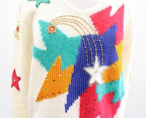 Vtg 80s 90s Cream Colorful Star Print Embellished Sequin Sweater Size M Angora - Picture 3 of 8