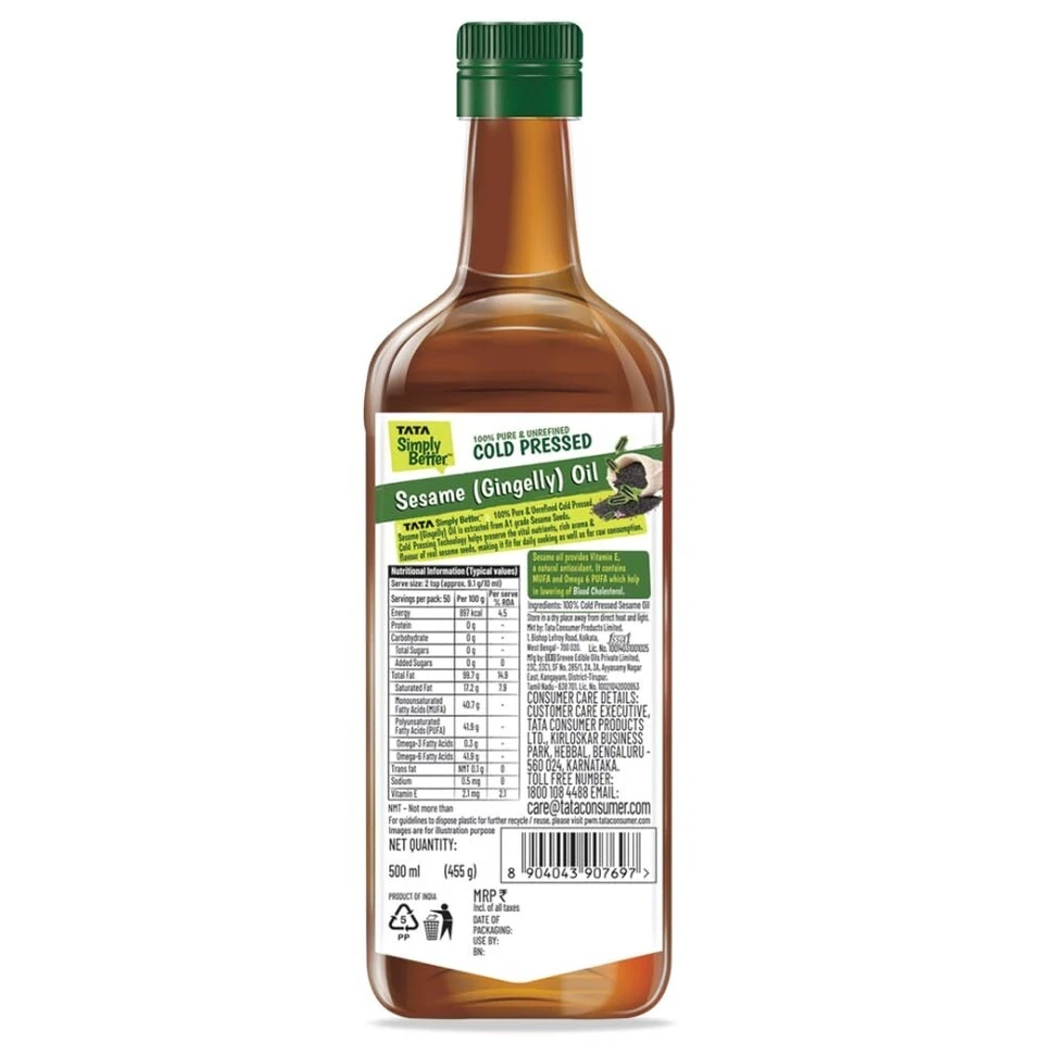 Tata Simply Better Pure and Unrefined Cold Pressed Sesame (Gingelly) Oil , 500ml - Image 2 of 4