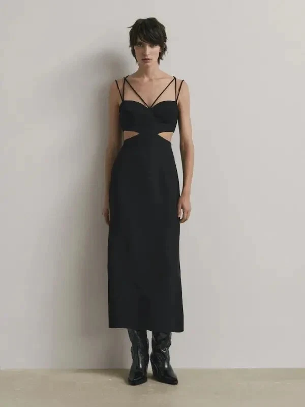 massimo dutti black midi dress Massimo Dutti Black V-Neck Midi Dress with Tie Back – SilkRoll main image 0