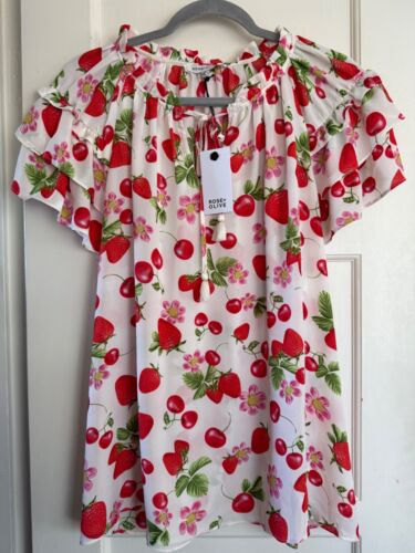 NWT Rose Olive Woven Boho Top Shirt Blouse Tunic Short Sl Plus Sz 1X 2X Cherry W