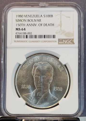 1980 VENEZUELA SILVER 100 BOLIVARES S100B SIMON BOLIVAR ANNIVERSARY NGC MS 64 BU