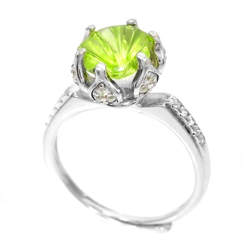 925STERLING SILVER RING NATURAL GREE PERIDOT FLOWER CARVING & WHITE CZ FREE SIZE - Picture 4 of 8