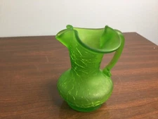 Vintage Green Hand Blown Blenko Crackle Glass Small Pitcher