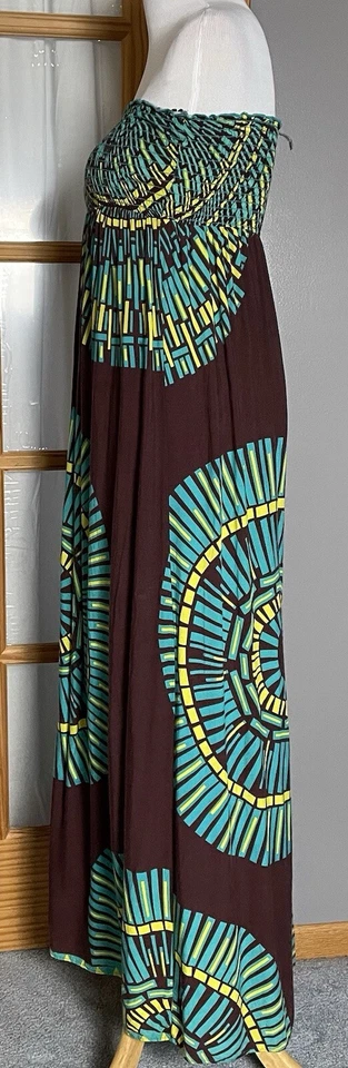 Maxi Vestido Doble Cero Sin Tirantes Talla M Marrón Azul Abstracto Calado Hecho en EE. UU. Foto 3 de 4