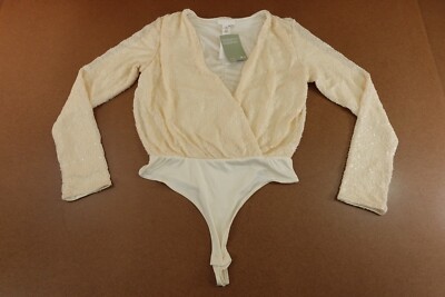 H&M Womens Size Small Cream Sequin Long Sleeve V Neck Bodysuit NWT