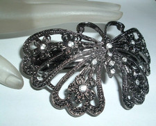 Beaded Oxidized Silver White Rhinestone 3.5" Butterfly Hair Barrette NWT