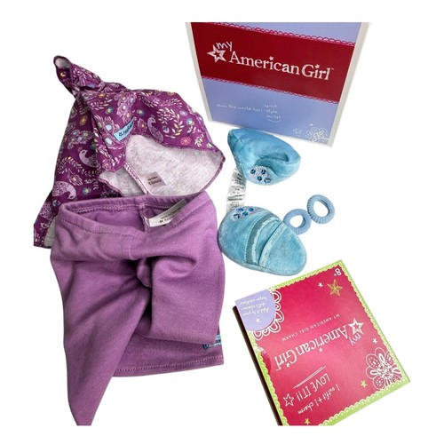 American Girl Purple PEACOCK PJS Doll Pajamas Top Pant Slippers Hair Ties Charm - Picture 4 of 10
