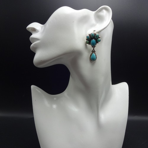 FEDERICO JIMENEZ Sterling Silver TURQUOISE Cluster Pierced EARRINGS "Bear Paw" - Picture 4 of 15
