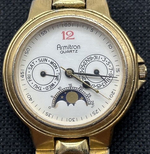 Vintage ARMITRON Moon Phase Calendar Men’s Quartz Watch Gold Triple DateUNTESTED - Picture 4 of 7