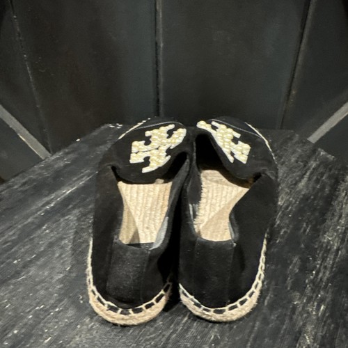 Tory Burch Pearl Logo Flat Espadrille in Black Perfect Black Shoe Size 8 - EUC - Picture 6 of 17