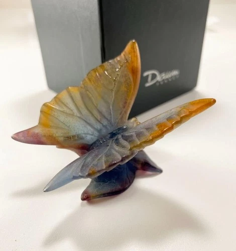 DAUM PAPILLON PATE DE VERRE CRYSTAL BUTTERFLY ROSE ON LEAF FIGURINE PAPERWEIGHT