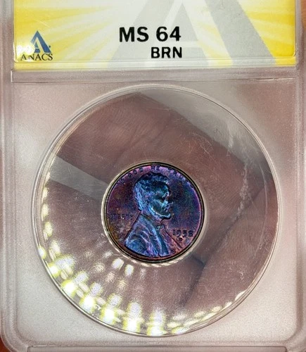 1958-D Vibrant Blue/Purple 🫐 TONED Wheat Penny ANACS MS-64 Please See Video! 💎