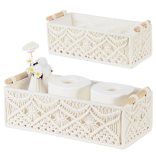 Macrame Storage Baskets Boho Decor Gift Box Woven Toilet Paper Basket with Wo...