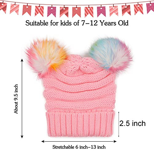 Kids Winter Knitted Beanie Hat Colorful Pompom Ears Ski Hat for Boy Pink - Bild 2 von 7
