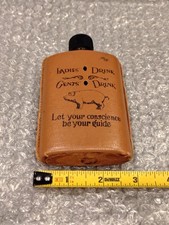 Vintage Glass Flask Wrapped In Leather Case. Cool Nostalgia Wording