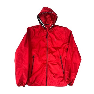 Calvin Klein Men's Red Zip Up Hooded Windbreaker Jacket CK Logo Size S