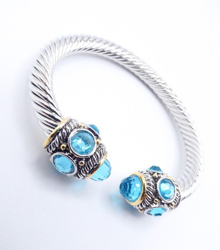 NEW 18kt Gold Plated Balinese Cable Blue Topaz Crystals End Tips Cuff Bracelet - Picture 1 of 13