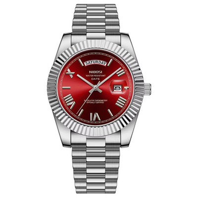  Nibosi Day-Date 40mm 30M Quartz NI2628 Watch, Stainless Steel Bracelet