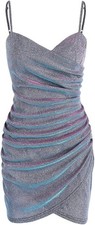 ZAFUL Women's Sexy Glitter Bodycon Dress Ruched Sequin Wrap Cami Mini Dress Sz S