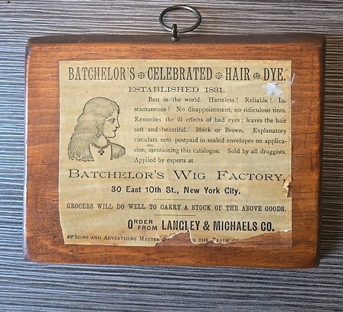 1866 NYC 10th Street Bachelor's Hair Dye Advertising Page Glossed On Wood READ