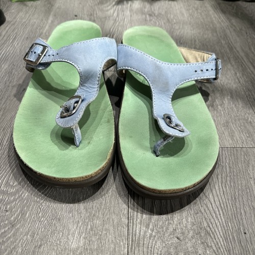 SAS Sanibel Sandal Blue Green Leather Sz 9 M Flip Flop Thong TStrap Buckle - Picture 3 of 7