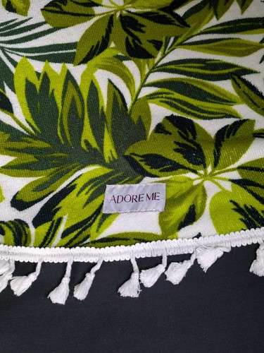 Adore Me Terry Cloth Round Tablecloth Green Leaf Pattern White Tassels Retro 57" - Picture 2 of 5