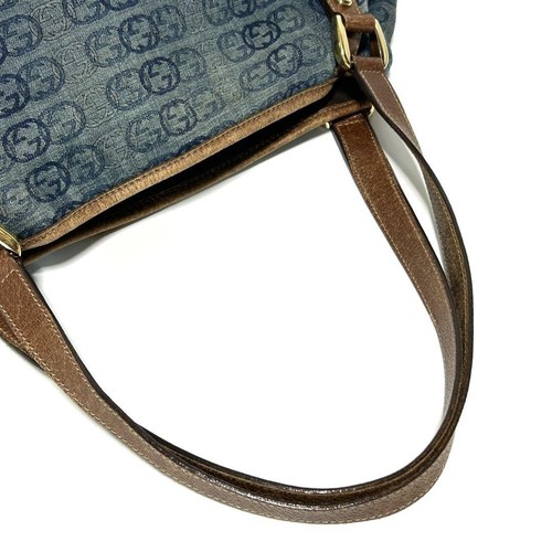 GUCCI Denim Tote Bag Indigo Blue Leather Trim Interlocking Japan F/S USED - Picture 17 of 24