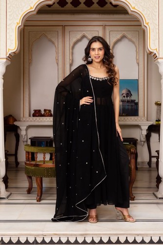 Indische Designer Georgette Spiegelarbeit Kurta Plazzo mit Dupatta Set Vollnaht - Bild 10 von 37