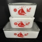 3 VTG McKee Red Sailboat Refrigerator Dishes 1 White Milk Glass/2 Glass Lids