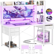 LED Gaming Desk with Hutch, 55.2" Workstation - White