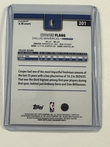 2025-26 Topps NBA Cooper Flagg RC #201 Rainbow Foil SSP Mavericks Rookie CLEAN - Bild 9 von 9