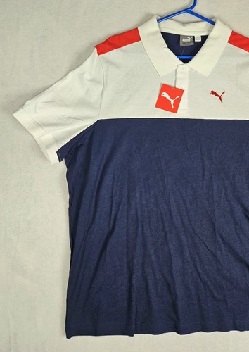 PUMA Polo Shirt Mens XXL Blue White Red Golf Essential Color Block Cotton NWT - Picture 3 of 16
