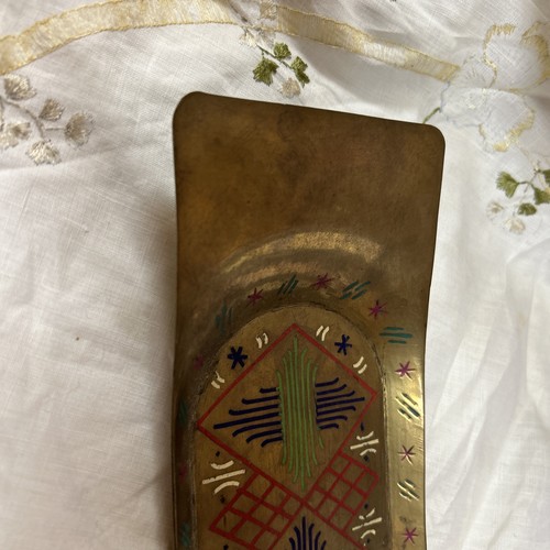 Vintage Indian Handmade Solid Brass With Enamel Tray 3.5” X 11.5” - Picture 6 of 11