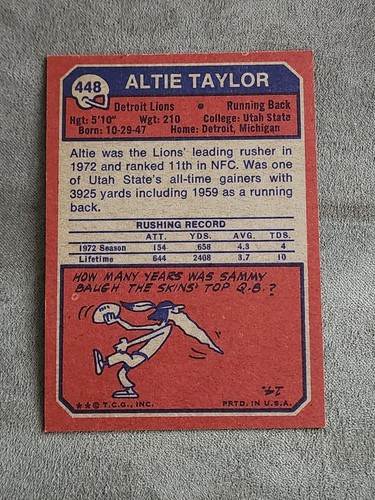 1973 Topps #448 Altie Taylor - Set Break - Detroit Lions - Foto 2 di 2
