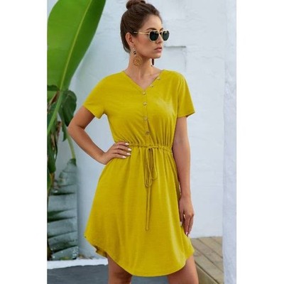 Solid V Neck Button Down Tie Waist Jersey Dress: YELLOW / XL