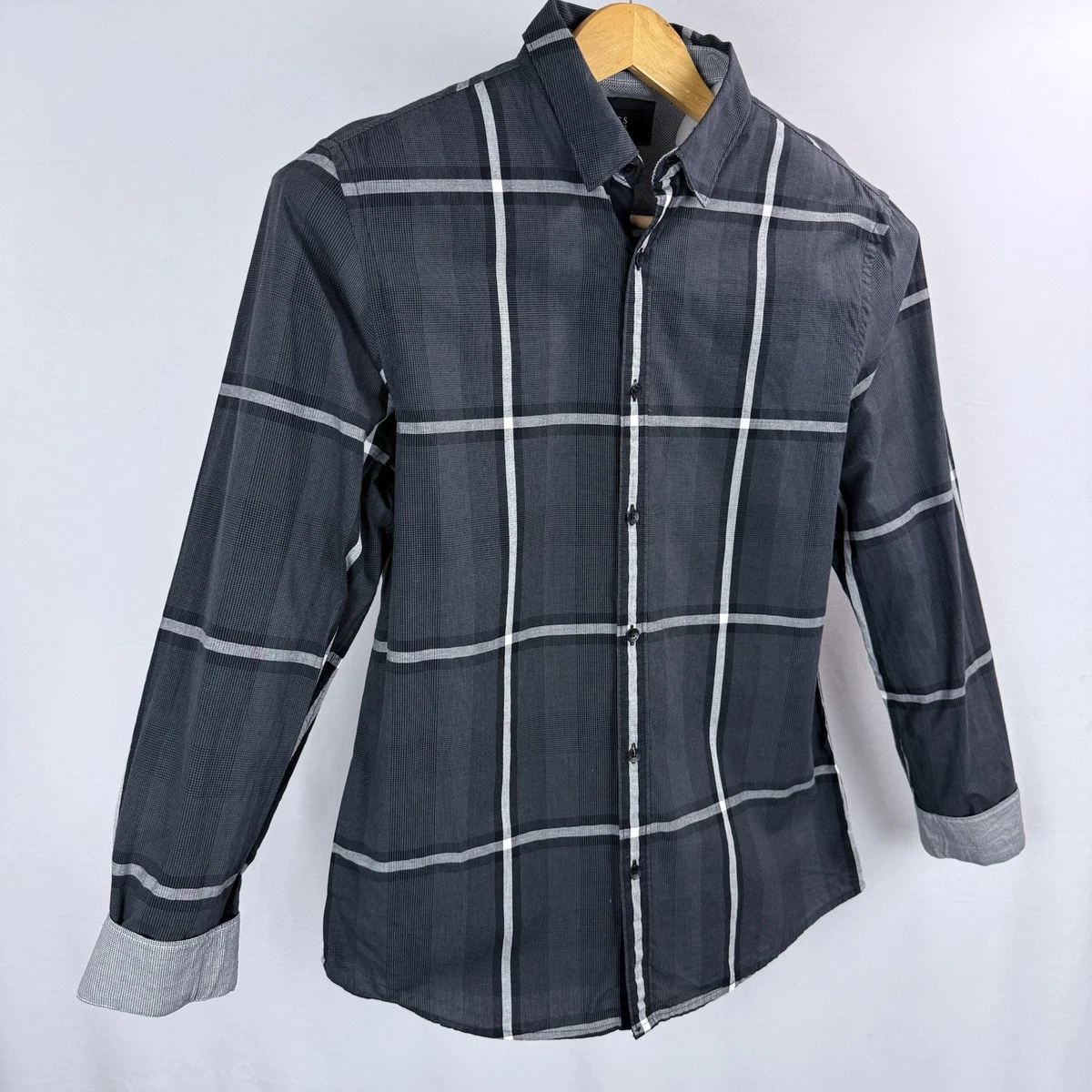 Camisa con botones Guess para hombre mediana delgada a cuadros arte decano negra puño abatible LS algodón