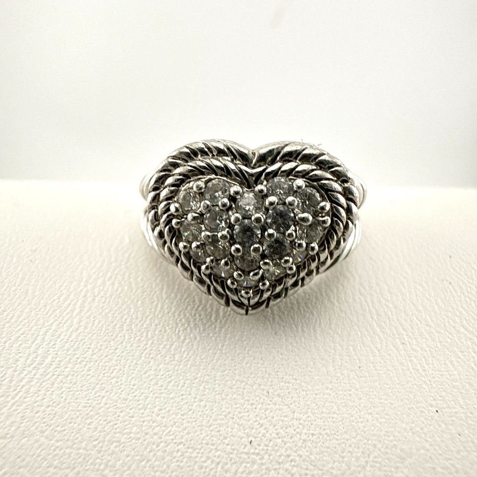 Judith Ripka Ring Sterling Silver CZ Heart Clear Pave Double Cable Size 6 Love - Image 3 of 4