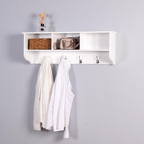 White Entryway Wall Mounted Coat Rack with 4 Dual Hooks Wooden Storage Shelf - Picture 3 of 6