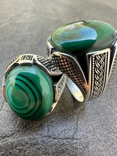 Large Green Malachite Gemstone Mens Real Solid 925 Sterling Silver Signet Ring - Picture 4 of 23