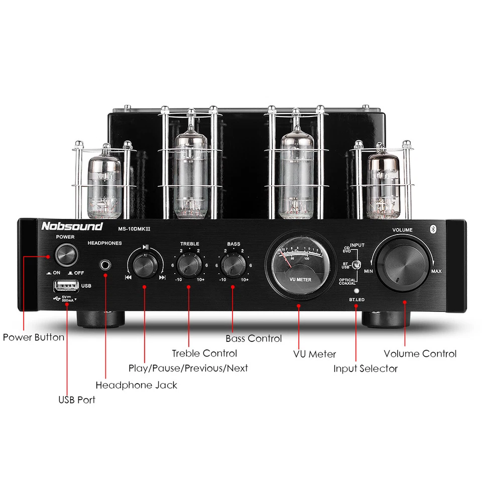 HiFi Bluetooth 5.0 Tube Power Amplifier USB/OPT/COAX Home Stereo Subwoofer Amp - Image 3 of 4
