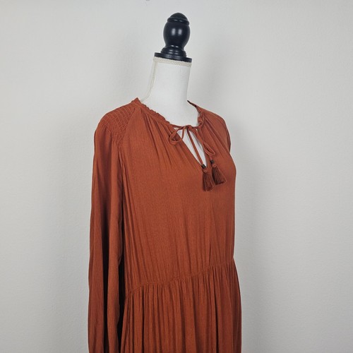 Knox Rose Kleid XL braun Bindekragen Stufen Langarm BOHO Rüschen gesmokt - Bild 4 von 20