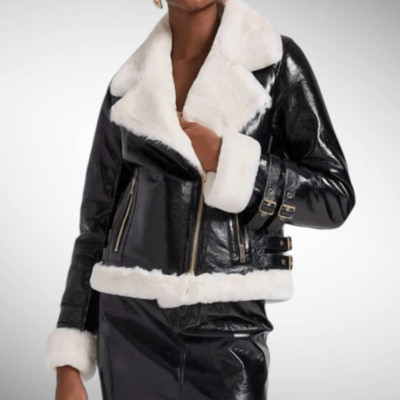Generation Love Dion Faux Shearling-Trimmed Moto Jacket in Black and White Size 